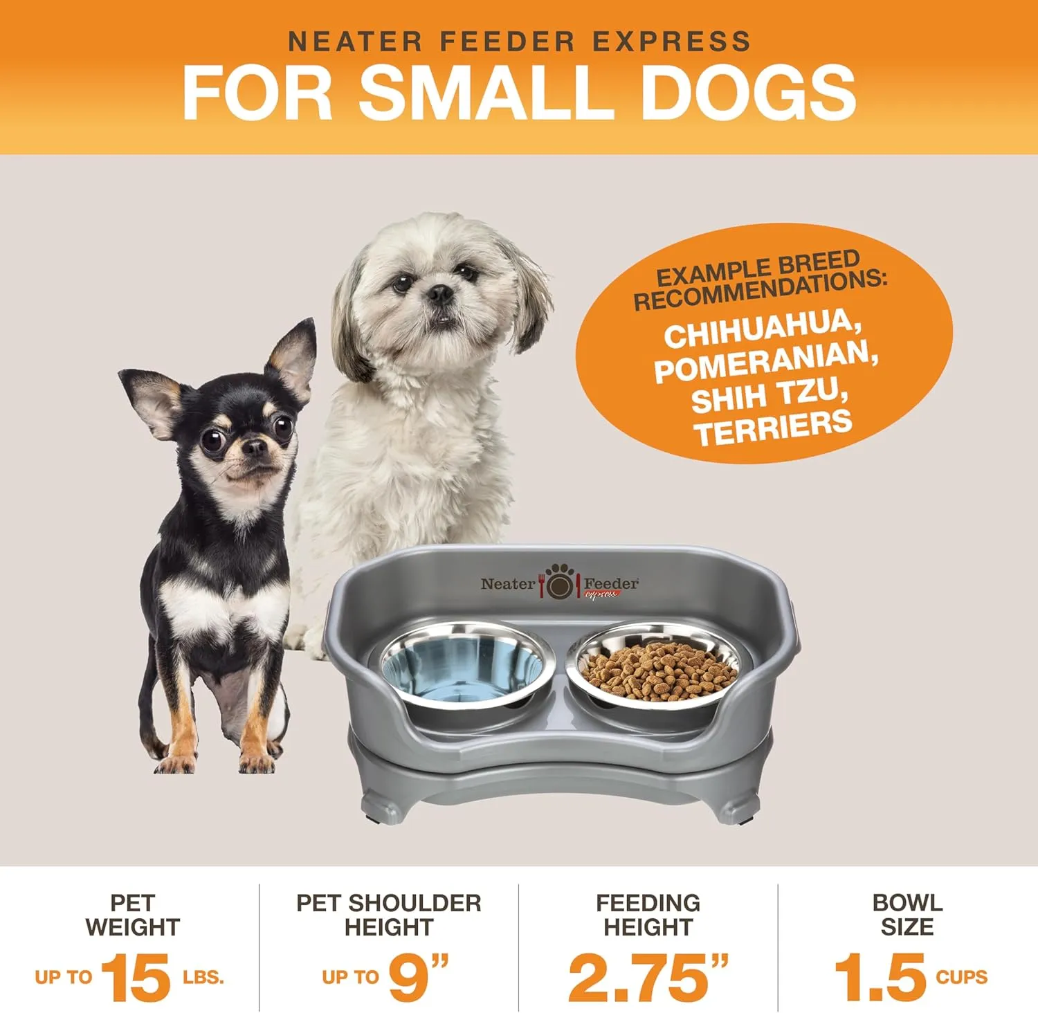 Neater Feeder Express Mess Proof Dog Bowls Elevated for Small Breeds Under 15 Lb, Made in USA, No Spill Raised Dog Food Bowl Stand, Stainless Steel Food and Water Bowl Set, Feeding Station, Grey