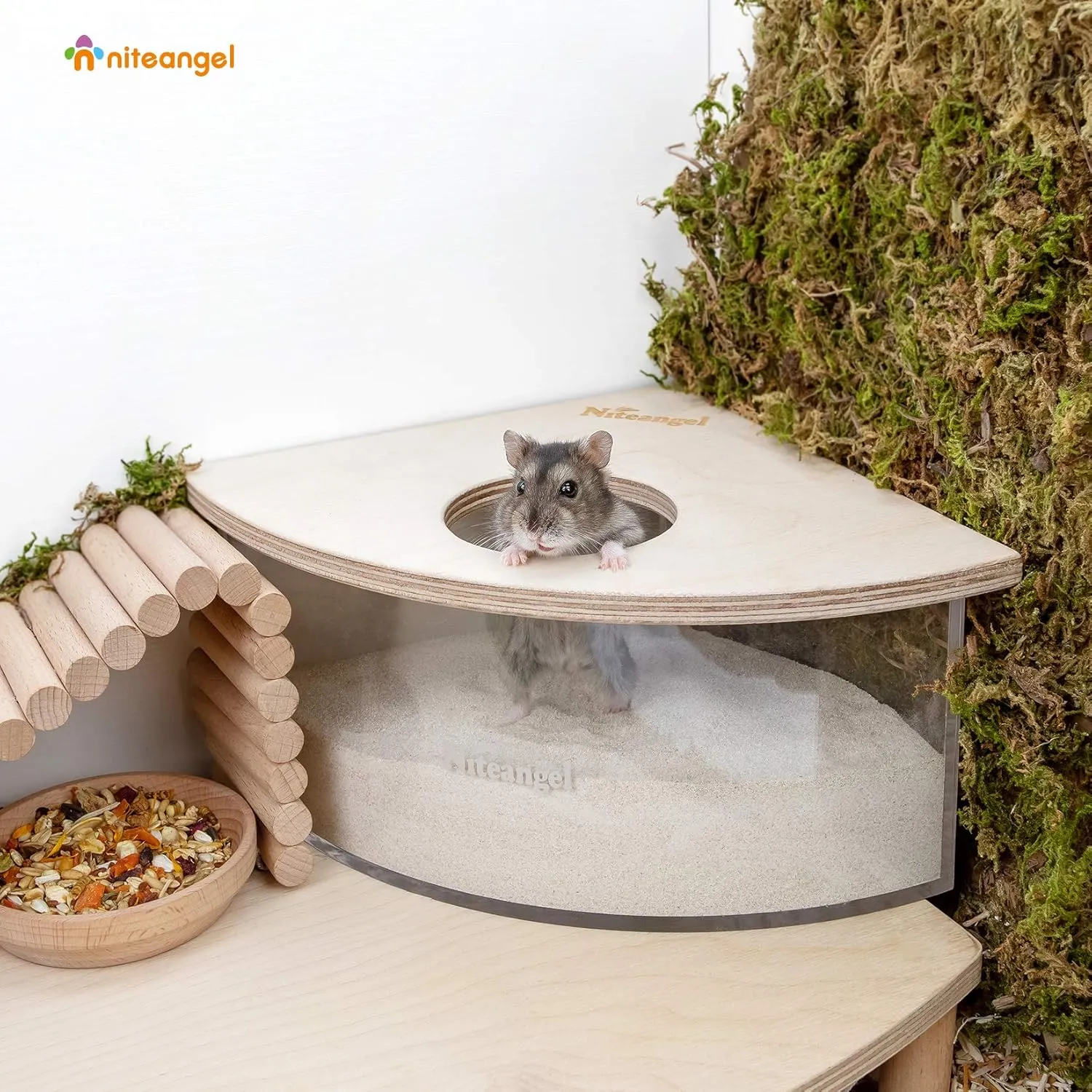 Niteangel Animal Sand-Bath Box: - Acrylic Critter's Sand Bath Shower Room & Digging Sand Container for Hamsters Mice Lemming Gerbils or Other Small Pets (Triangle, Birch-Wood)