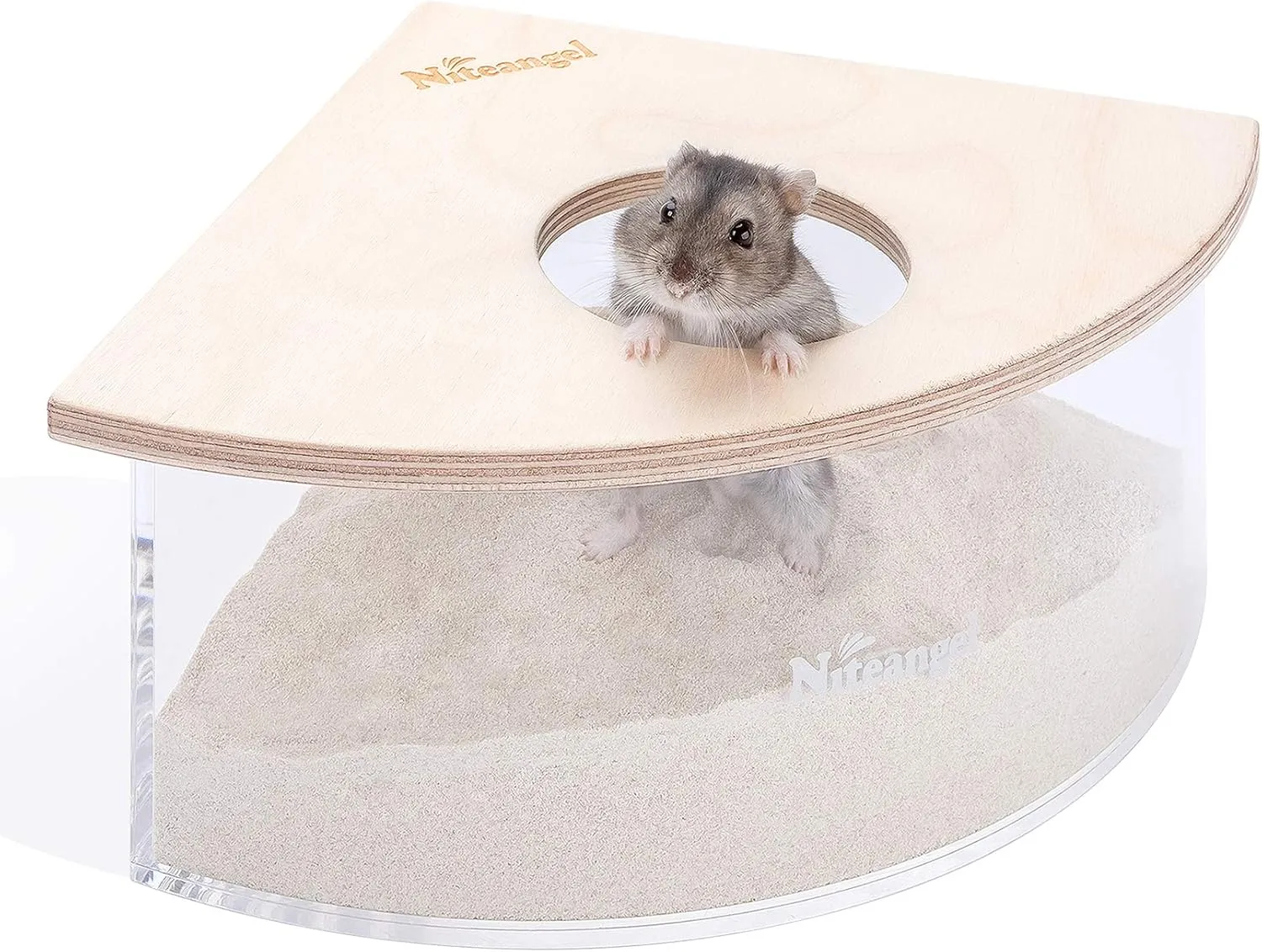 Niteangel Animal Sand-Bath Box: - Acrylic Critter's Sand Bath Shower Room & Digging Sand Container for Hamsters Mice Lemming Gerbils or Other Small Pets (Triangle, Birch-Wood)