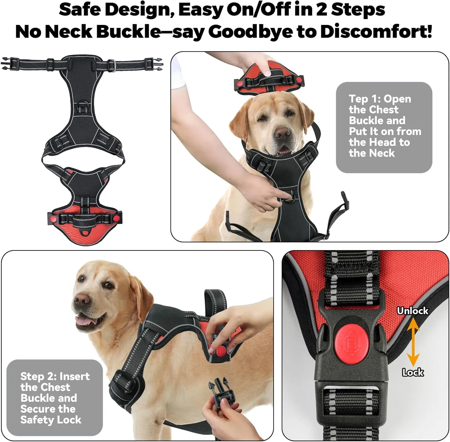 No Pull Dog Harness for Large Dogs-Medium Dogs, Adjustable Reflective Oxford Material Vest, with Heavy Duty Dog Leash, Chew-Resistant Steel Cable, Safety Lock and Easy Control Handle. (Dual Color, L)