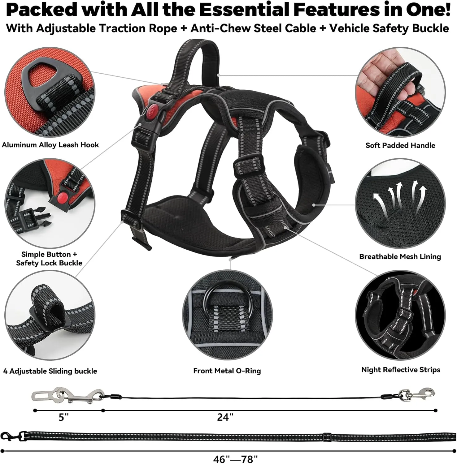 No Pull Dog Harness for Large Dogs-Medium Dogs, Adjustable Reflective Oxford Material Vest, with Heavy Duty Dog Leash, Chew-Resistant Steel Cable, Safety Lock and Easy Control Handle. (Dual Color, L)