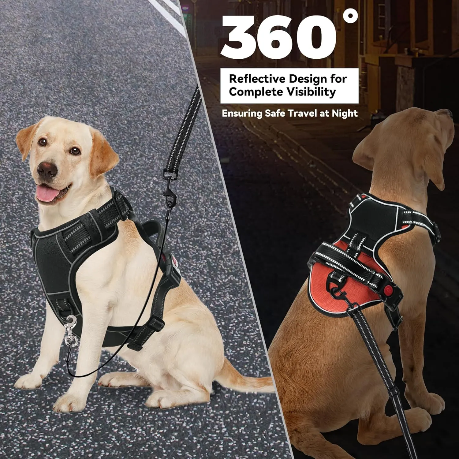 No Pull Dog Harness for Large Dogs-Medium Dogs, Adjustable Reflective Oxford Material Vest, with Heavy Duty Dog Leash, Chew-Resistant Steel Cable, Safety Lock and Easy Control Handle. (Dual Color, L)
