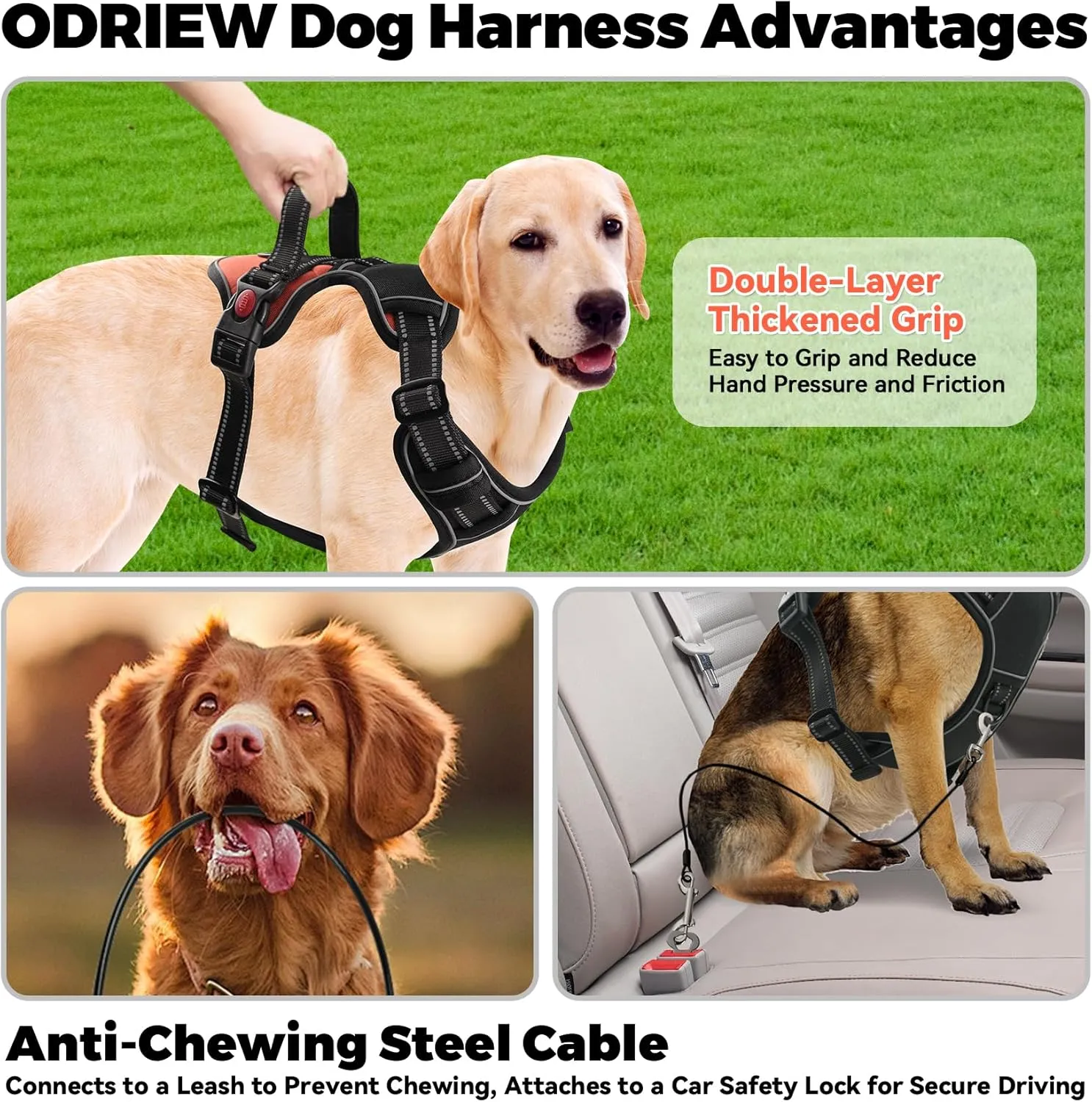 No Pull Dog Harness for Large Dogs-Medium Dogs, Adjustable Reflective Oxford Material Vest, with Heavy Duty Dog Leash, Chew-Resistant Steel Cable, Safety Lock and Easy Control Handle. (Dual Color, L)