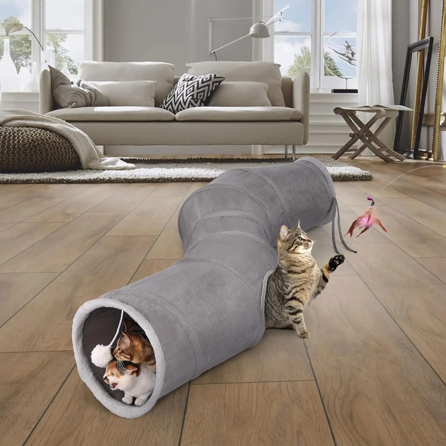 Ownpets Cat Tunnel 48 inch Long S-Shape Collapsible Cat Play Tunnel with Interactive Feather Wand Large Pet Tunnel Tube Toy for Cat Kitten Kitty Puppy Rabbit