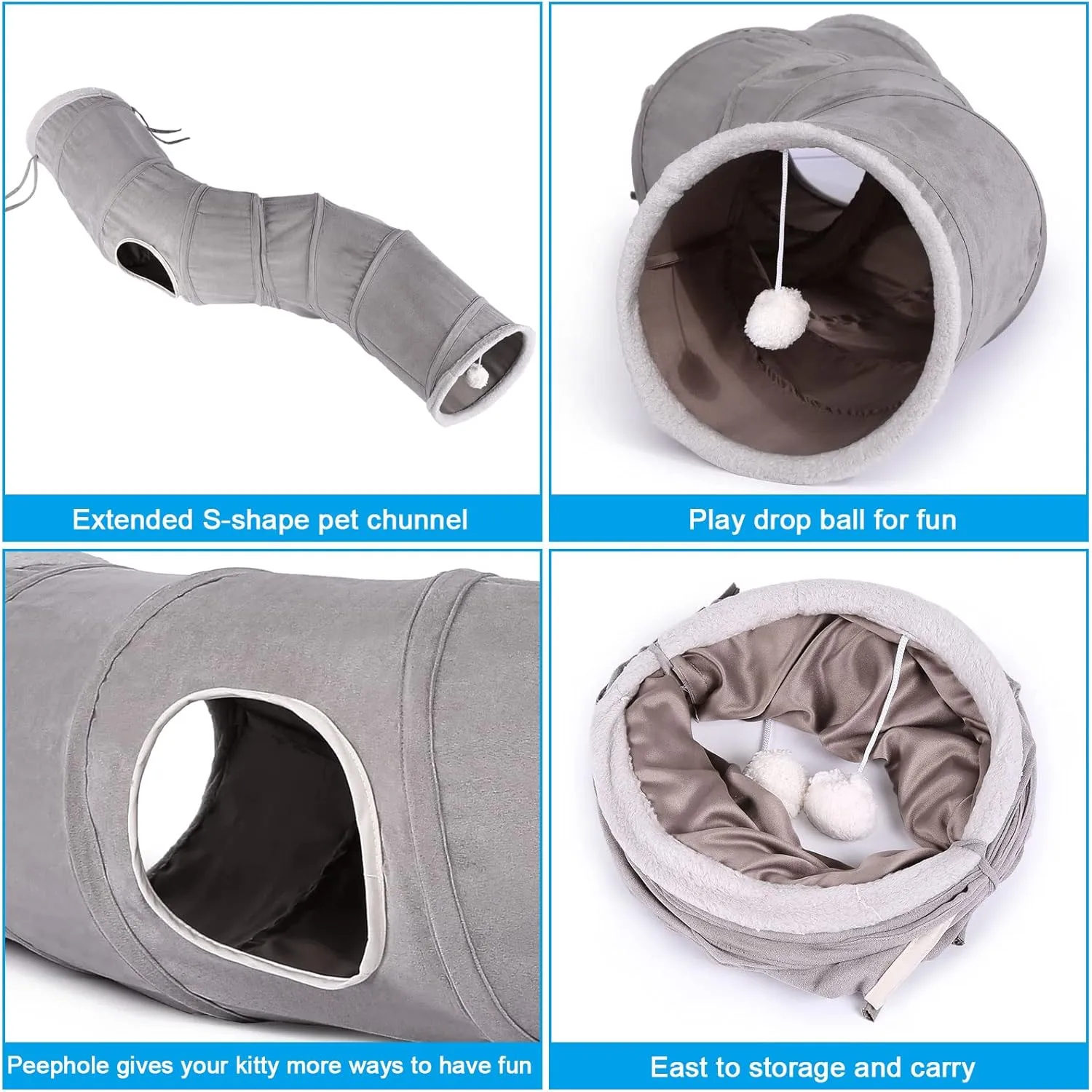 Ownpets Cat Tunnel 48 inch Long S-Shape Collapsible Cat Play Tunnel with Interactive Feather Wand Large Pet Tunnel Tube Toy for Cat Kitten Kitty Puppy Rabbit