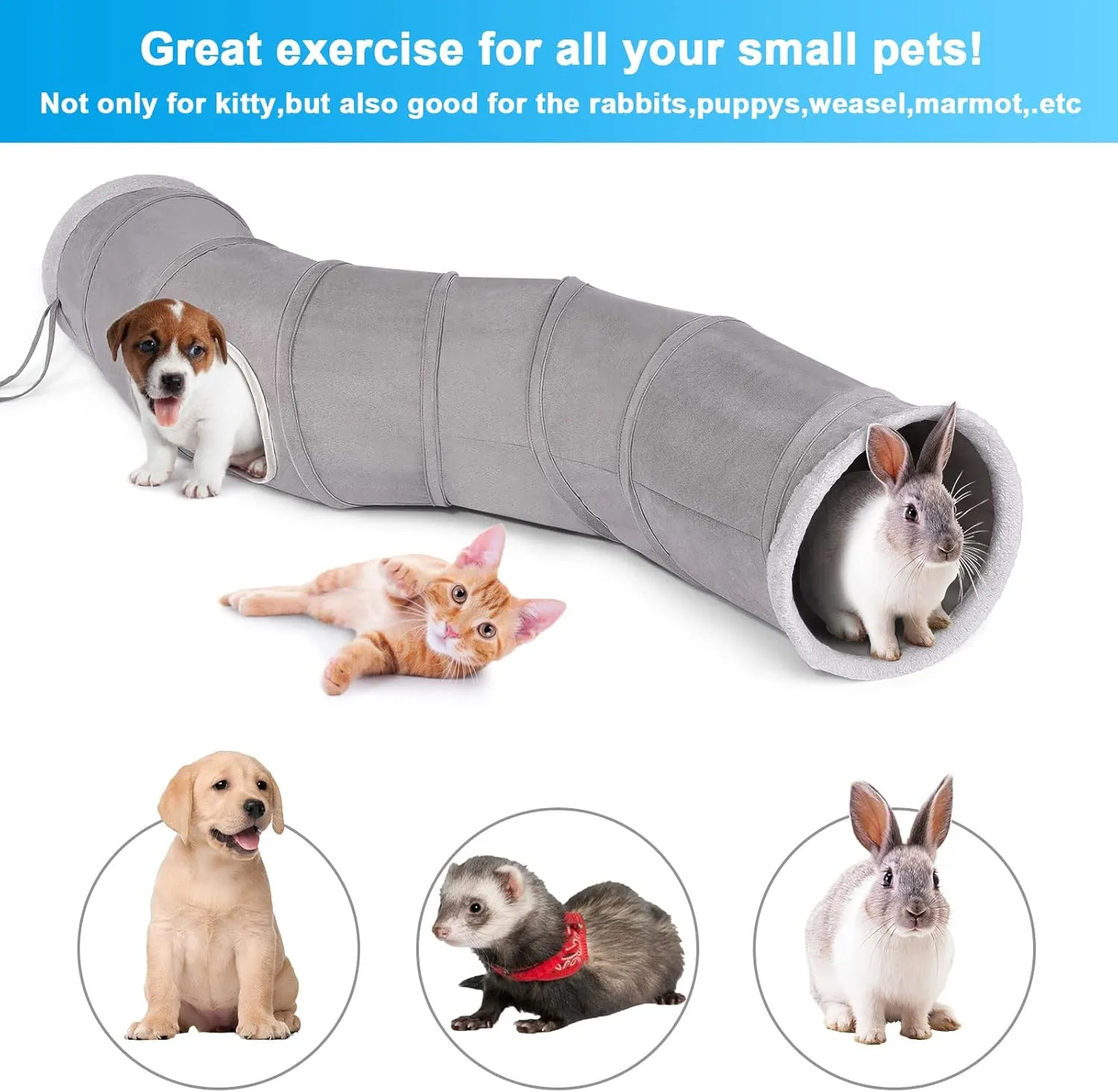 Ownpets Cat Tunnel 48 inch Long S-Shape Collapsible Cat Play Tunnel with Interactive Feather Wand Large Pet Tunnel Tube Toy for Cat Kitten Kitty Puppy Rabbit