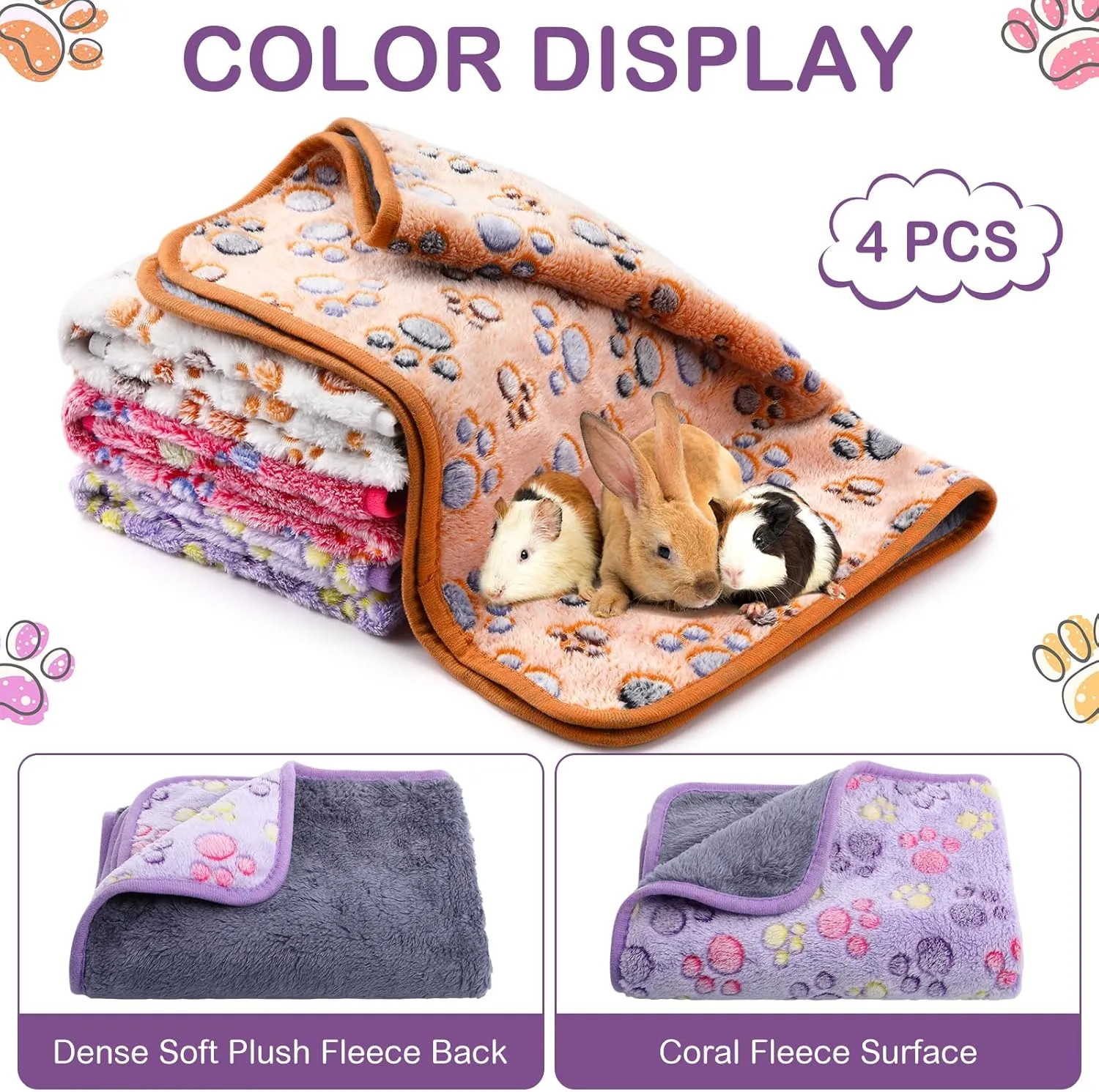 Panelee 4 Pcs Waterproof Dog Blankets Washable Puppy Paw Print Fleece Blanket for Small Medium Pet Cat Whelping Warm Soft Sleep Mat Guinea Pig Cage Liners(Multicolor,24 x 16 Inch)