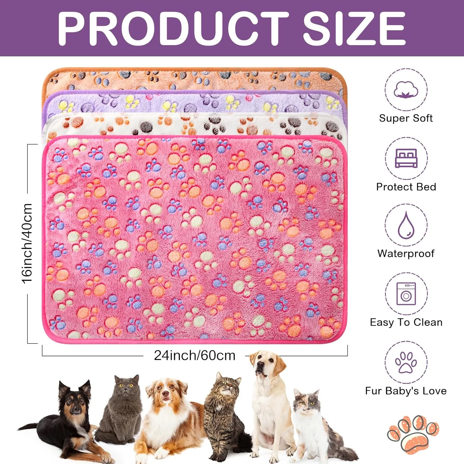 Panelee 4 Pcs Waterproof Dog Blankets Washable Puppy Paw Print Fleece Blanket for Small Medium Pet Cat Whelping Warm Soft Sleep Mat Guinea Pig Cage Liners(Multicolor,24 x 16 Inch)