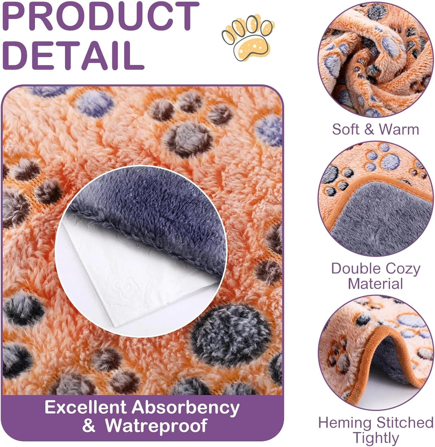 Panelee 4 Pcs Waterproof Dog Blankets Washable Puppy Paw Print Fleece Blanket for Small Medium Pet Cat Whelping Warm Soft Sleep Mat Guinea Pig Cage Liners(Multicolor,24 x 16 Inch)