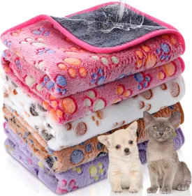 Panelee 4 Pcs Waterproof Dog Blankets Washable Puppy Paw Print Fleece Blanket for Small Medium Pet Cat Whelping Warm Soft Sleep Mat Guinea Pig Cage Liners(Multicolor,24 x 16 Inch)