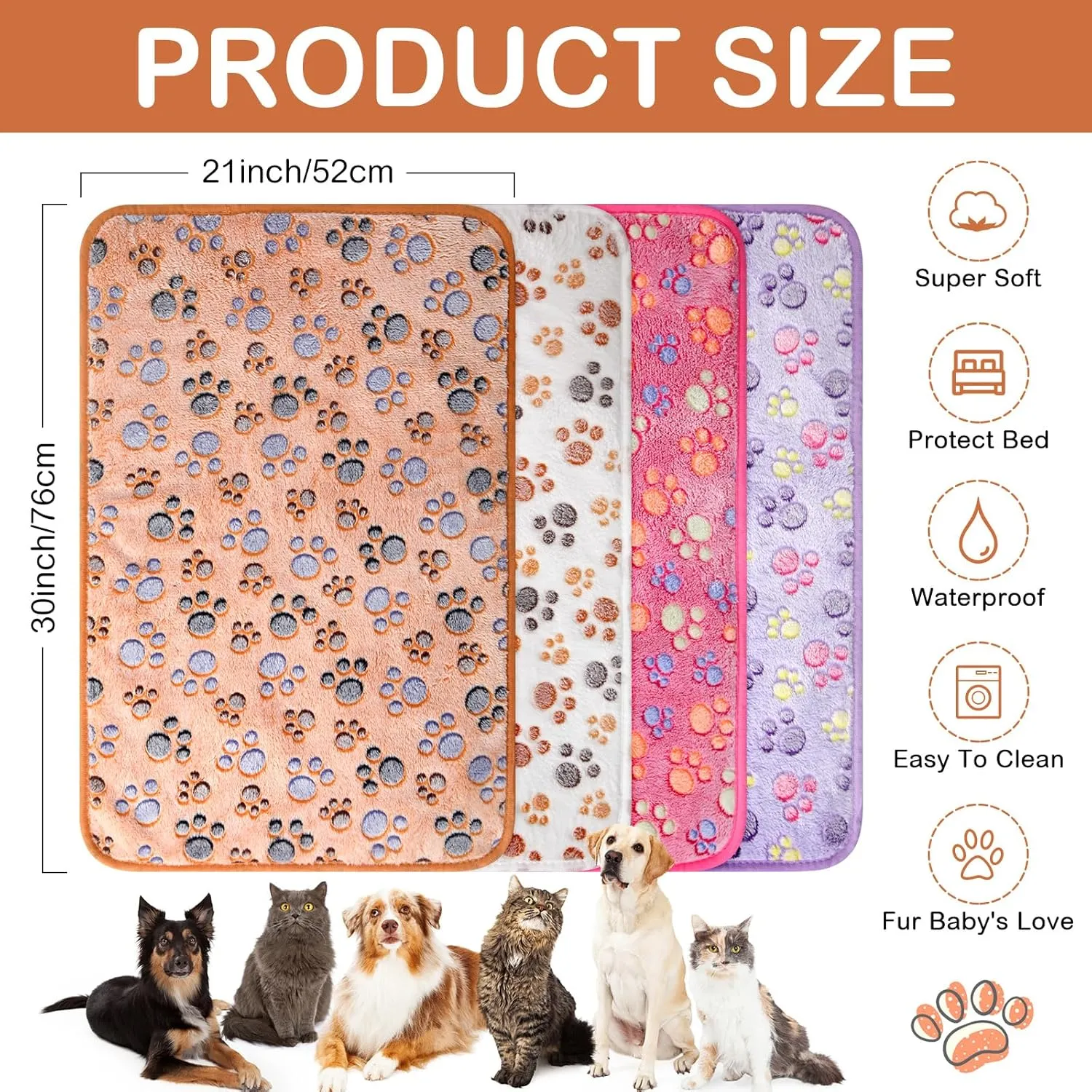 Panelee 4 Pcs Waterproof Dog Blankets Washable Puppy Paw Print Fleece Blanket for Small Medium Pet Cat Whelping Warm Soft Sleep Mat Guinea Pig Cage Liners(Multicolor,30 x 21 Inch)