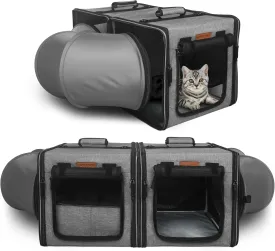 PETUX 2-in-1 Double Cat Carrier with Tunnels, 28"x14"x14" Portable Cat Travel Carrier with Litter Box for 2 Small Cats, Collapsible Pet Carriers with Hammock for Gifts, Travel and Vet Visit (Grey)