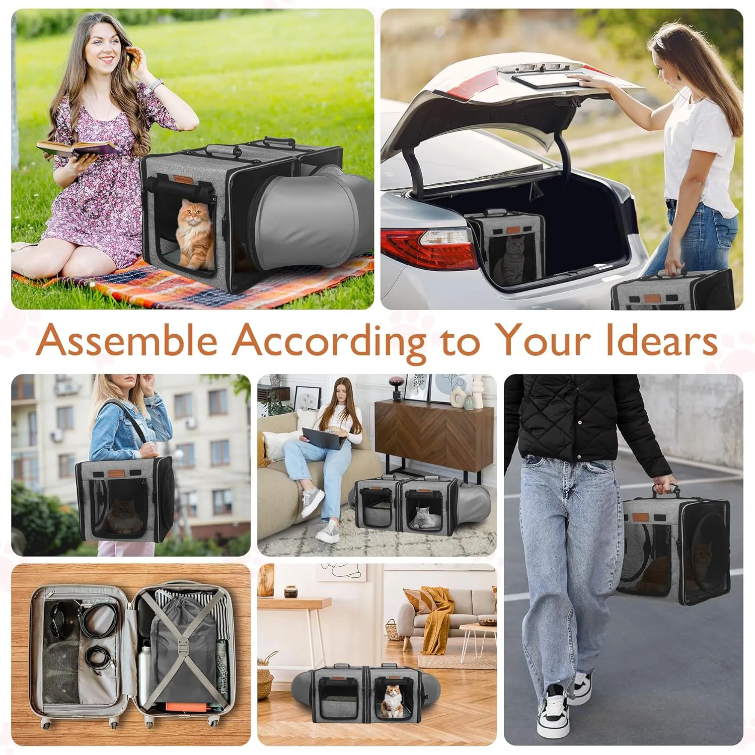 PETUX 2-in-1 Double Cat Carrier with Tunnels, 28"x14"x14" Portable Cat Travel Carrier with Litter Box for 2 Small Cats, Collapsible Pet Carriers with Hammock for Gifts, Travel and Vet Visit (Grey)