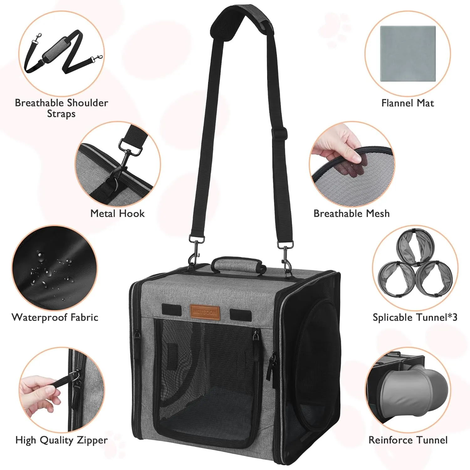 PETUX 2-in-1 Double Cat Carrier with Tunnels, 28"x14"x14" Portable Cat Travel Carrier with Litter Box for 2 Small Cats, Collapsible Pet Carriers with Hammock for Gifts, Travel and Vet Visit (Grey)