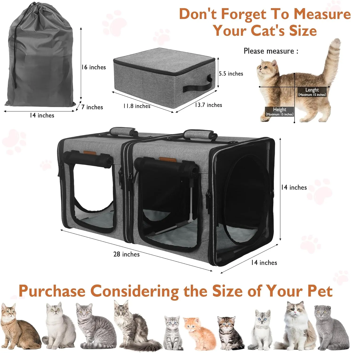 PETUX 2-in-1 Double Cat Carrier with Tunnels, 28"x14"x14" Portable Cat Travel Carrier with Litter Box for 2 Small Cats, Collapsible Pet Carriers with Hammock for Gifts, Travel and Vet Visit (Grey)