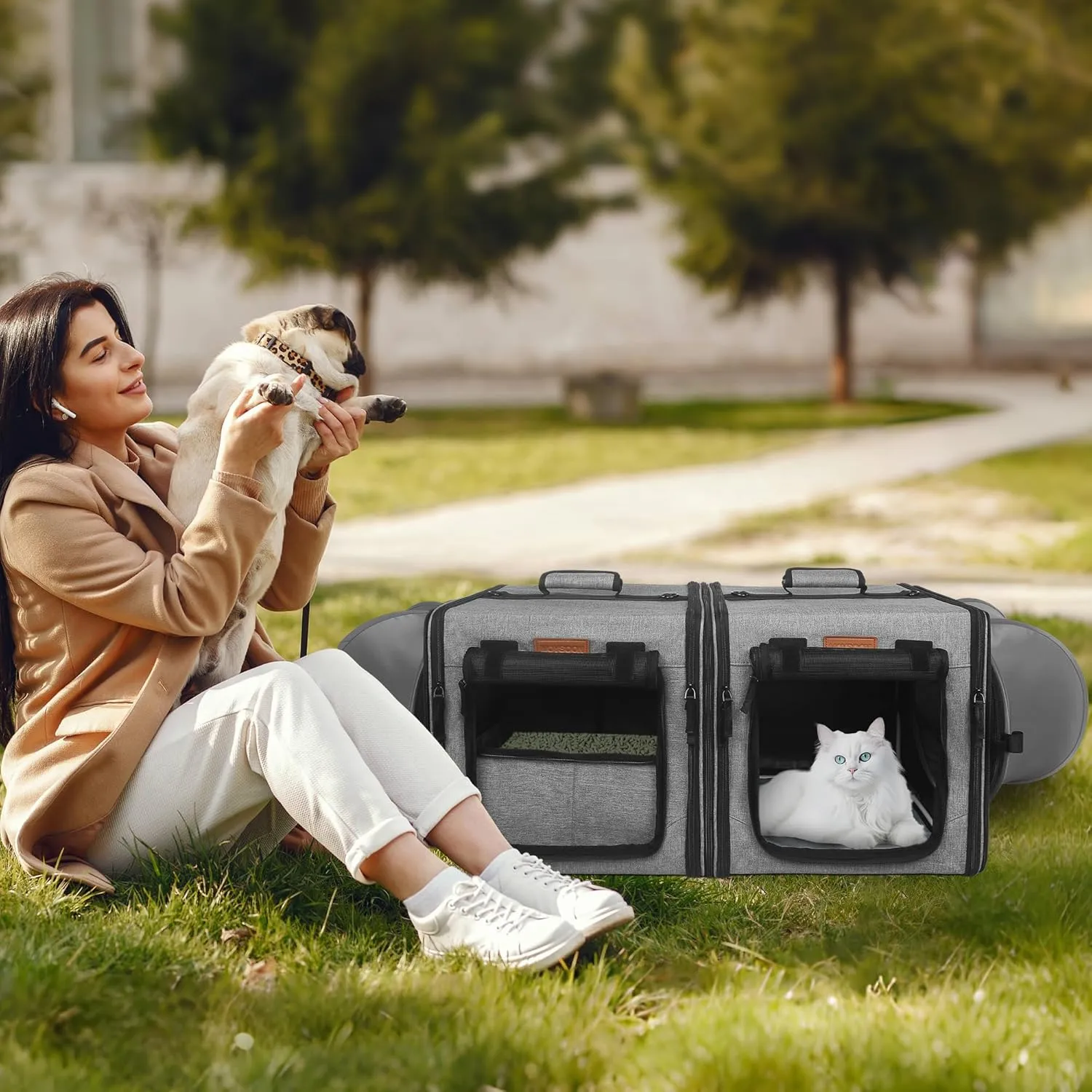 PETUX 2-in-1 Double Cat Carrier with Tunnels, 28"x14"x14" Portable Cat Travel Carrier with Litter Box for 2 Small Cats, Collapsible Pet Carriers with Hammock for Gifts, Travel and Vet Visit (Grey)