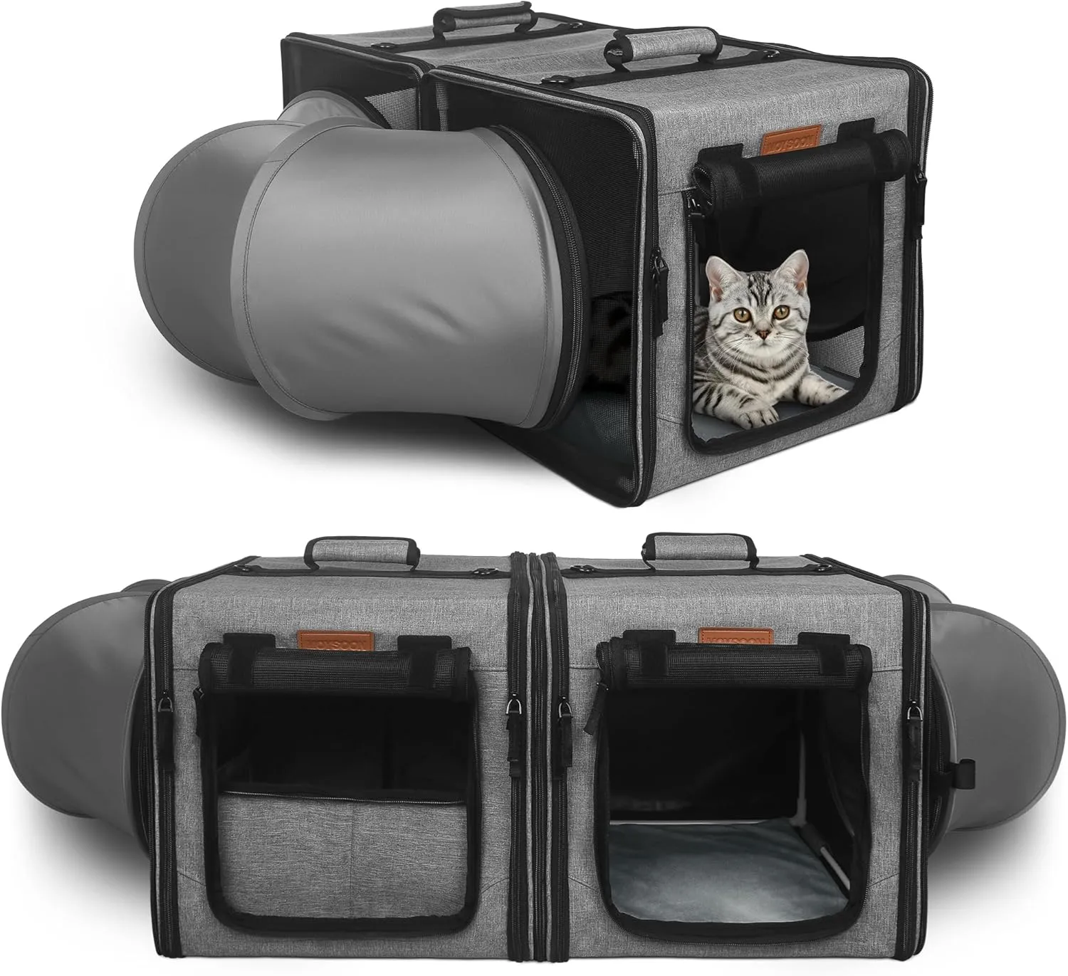 PETUX 2-in-1 Double Cat Carrier with Tunnels, 28"x14"x14" Portable Cat Travel Carrier with Litter Box for 2 Small Cats, Collapsible Pet Carriers with Hammock for Gifts, Travel and Vet Visit (Grey)