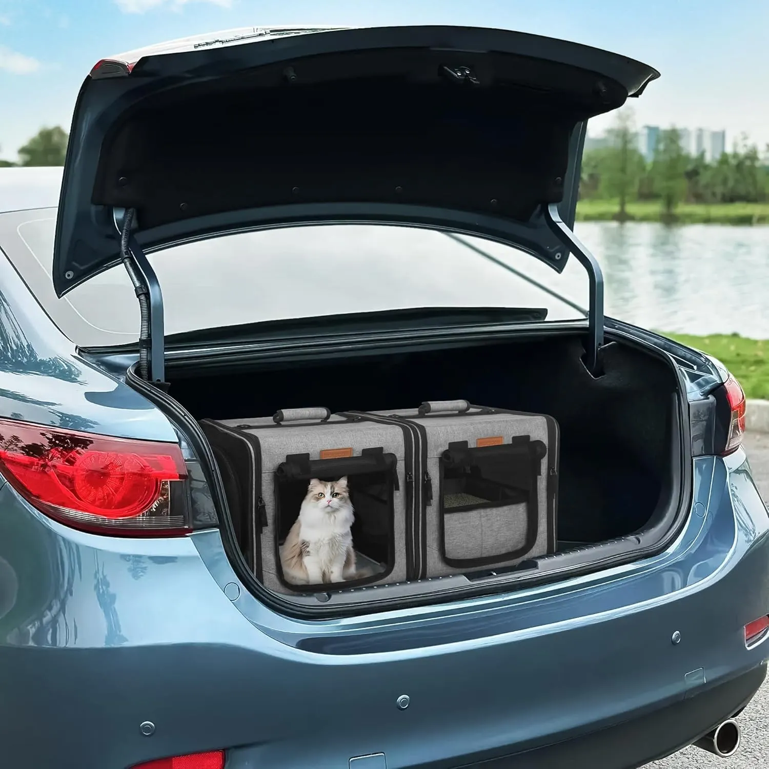 PETUX 2-in-1 Double Cat Carrier with Tunnels, 28"x14"x14" Portable Cat Travel Carrier with Litter Box for 2 Small Cats, Collapsible Pet Carriers with Hammock for Gifts, Travel and Vet Visit (Grey)