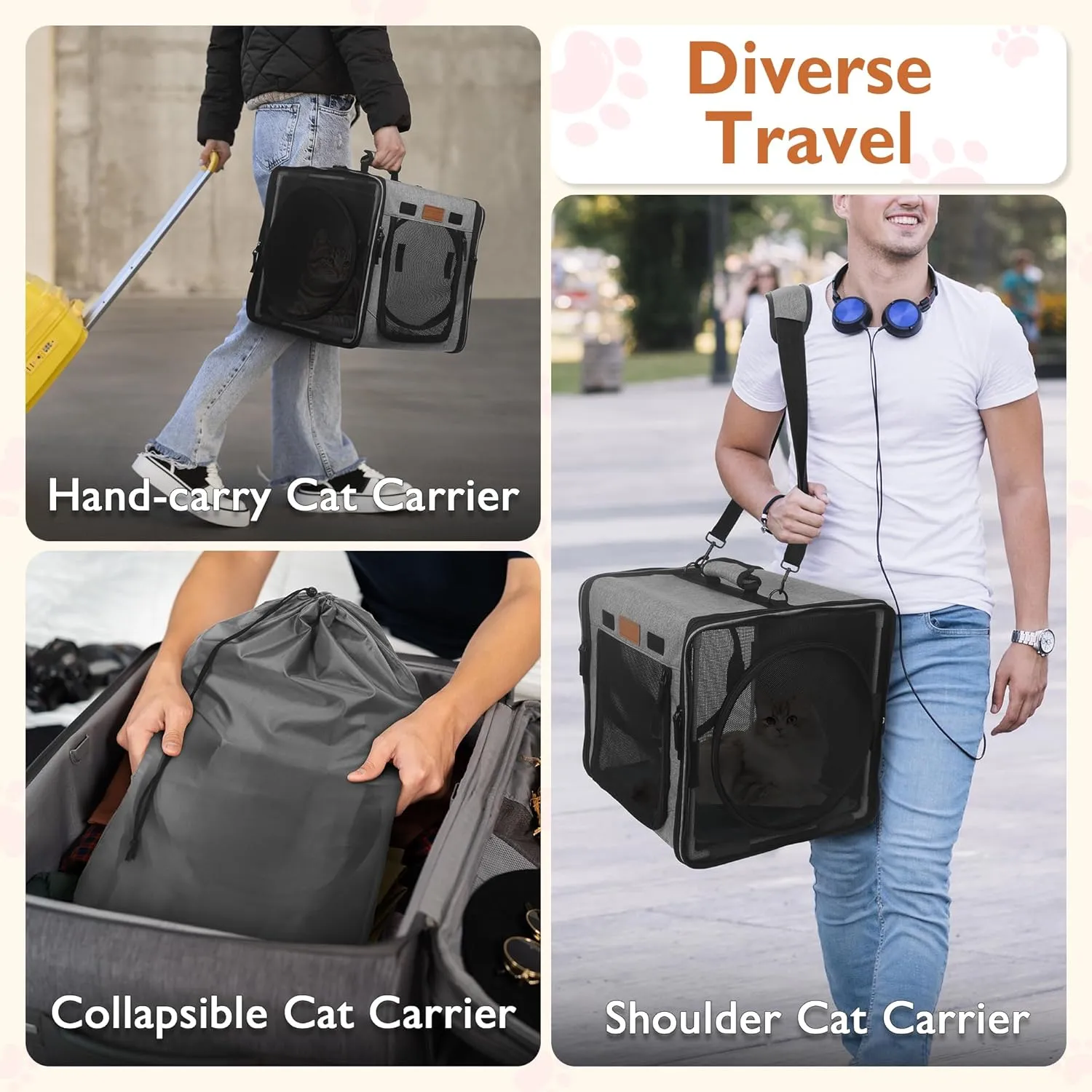 PETUX 2-in-1 Double Cat Carrier with Tunnels, 28"x14"x14" Portable Cat Travel Carrier with Litter Box for 2 Small Cats, Collapsible Pet Carriers with Hammock for Gifts, Travel and Vet Visit (Grey)
