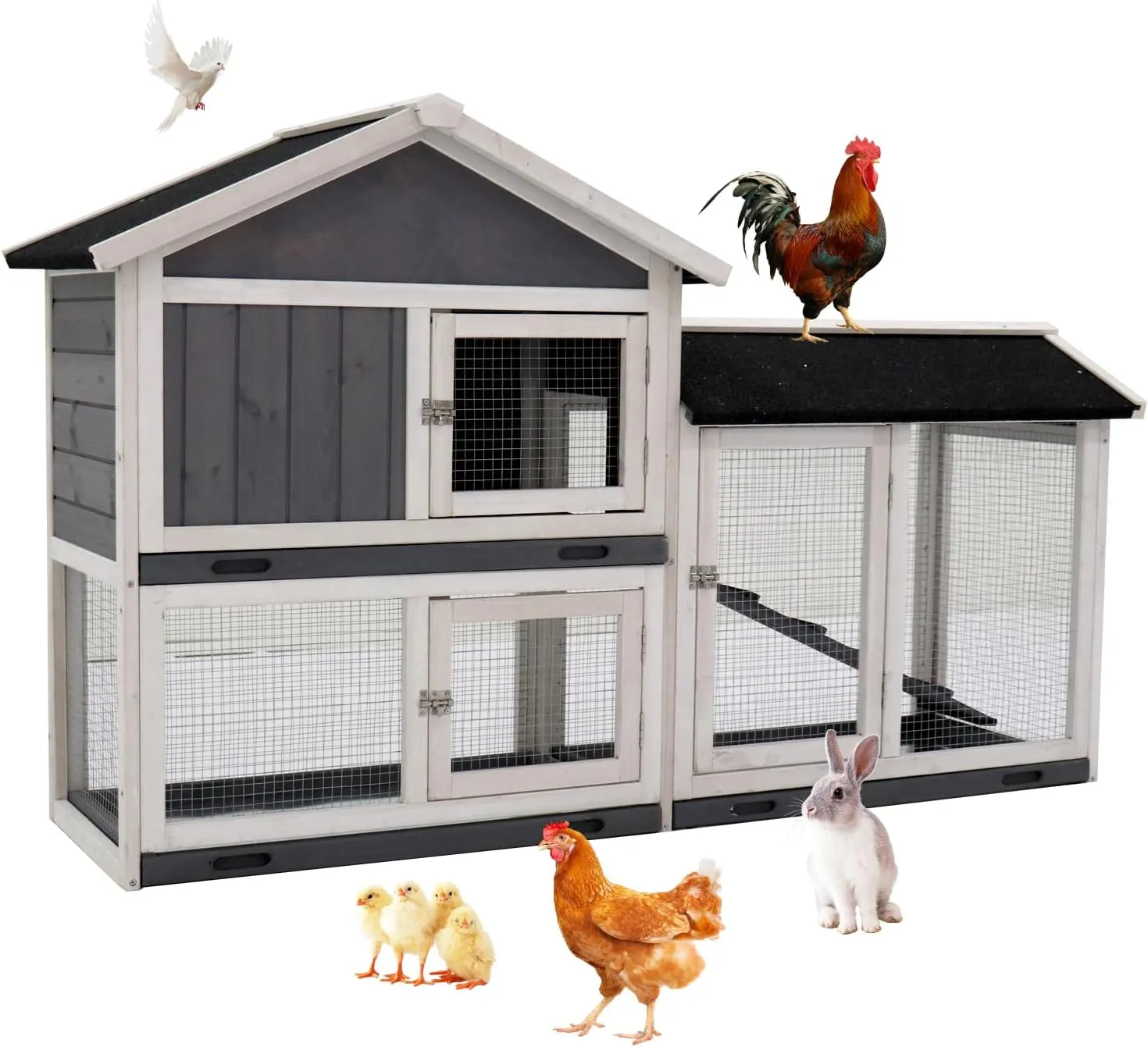 Rabbit Hutch Bunny Cage, Large Wooden Rabbit House Indoor Outdoor with Removable Trays, UV Panel, Guinea Pig Chicken Coop Pet House for Small Medium Animals, Black