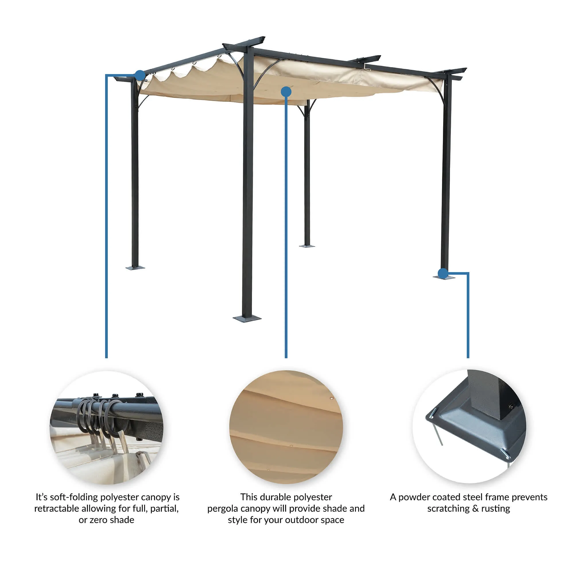 Retractable Roman Shade Pergola Canopy - Champagne