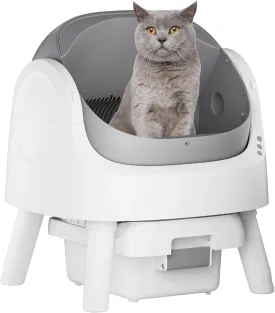 Self Cleaning Litter Box, Automatic Open Top Cat Litter Box, Integrated Safety Protection Self Cleaning Litter Box with Mat & Liner, White & Grey