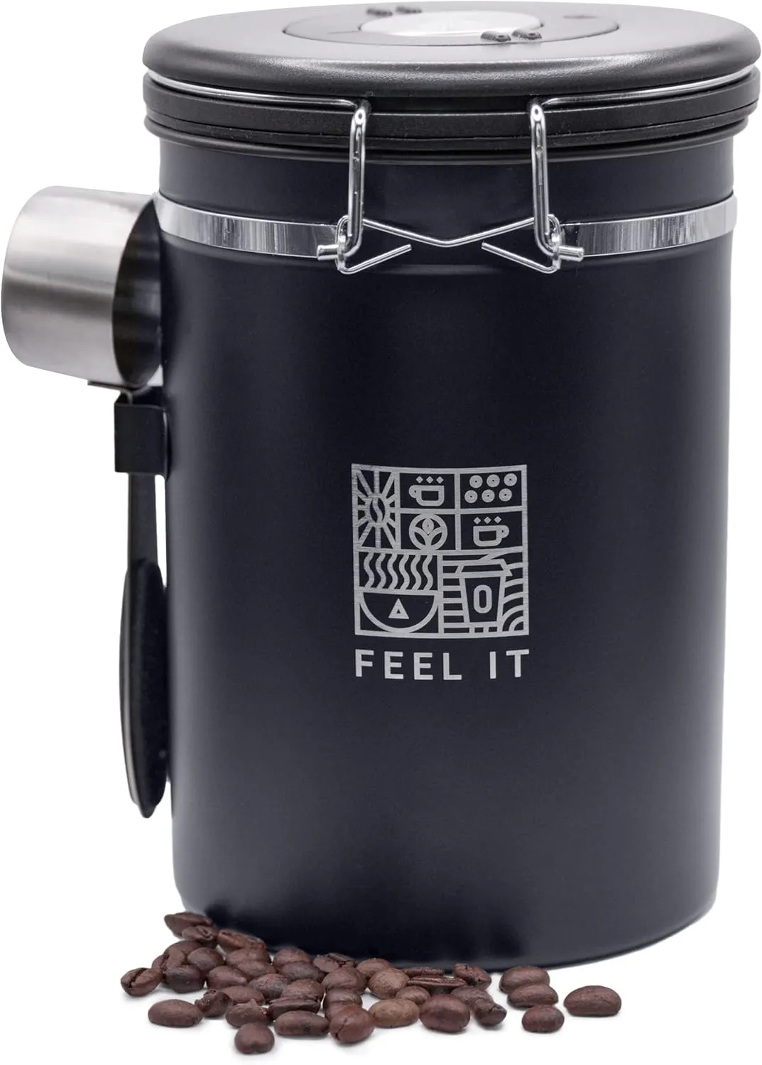 Stainless Steel Coffee Canister - 21oz Airtight Kitchen Food Storage Container with Date Tracker, CO2-Release Valve and Measuring Scoop For Ground Coffee, Beans, Tea, Sugar, Large