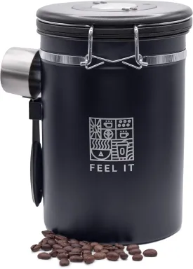 Stainless Steel Coffee Canister - 21oz Airtight Kitchen Food Storage Container with Date Tracker, CO2-Release Valve and Measuring Scoop For Ground Coffee, Beans, Tea, Sugar, Large