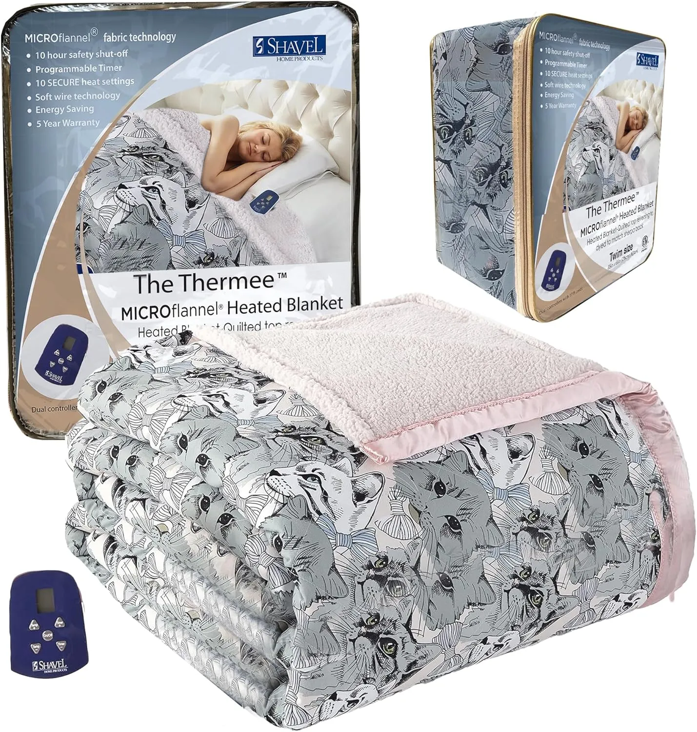 Thermee Micro Flannel Heated Blanket with Sherpa back, 10-Setting Electric Blanket Twin Size, Programmable Heating Blanket, Ultra-Soft Heated Throw Blanket, Fast Heating Thermal Blanket  Cat medley