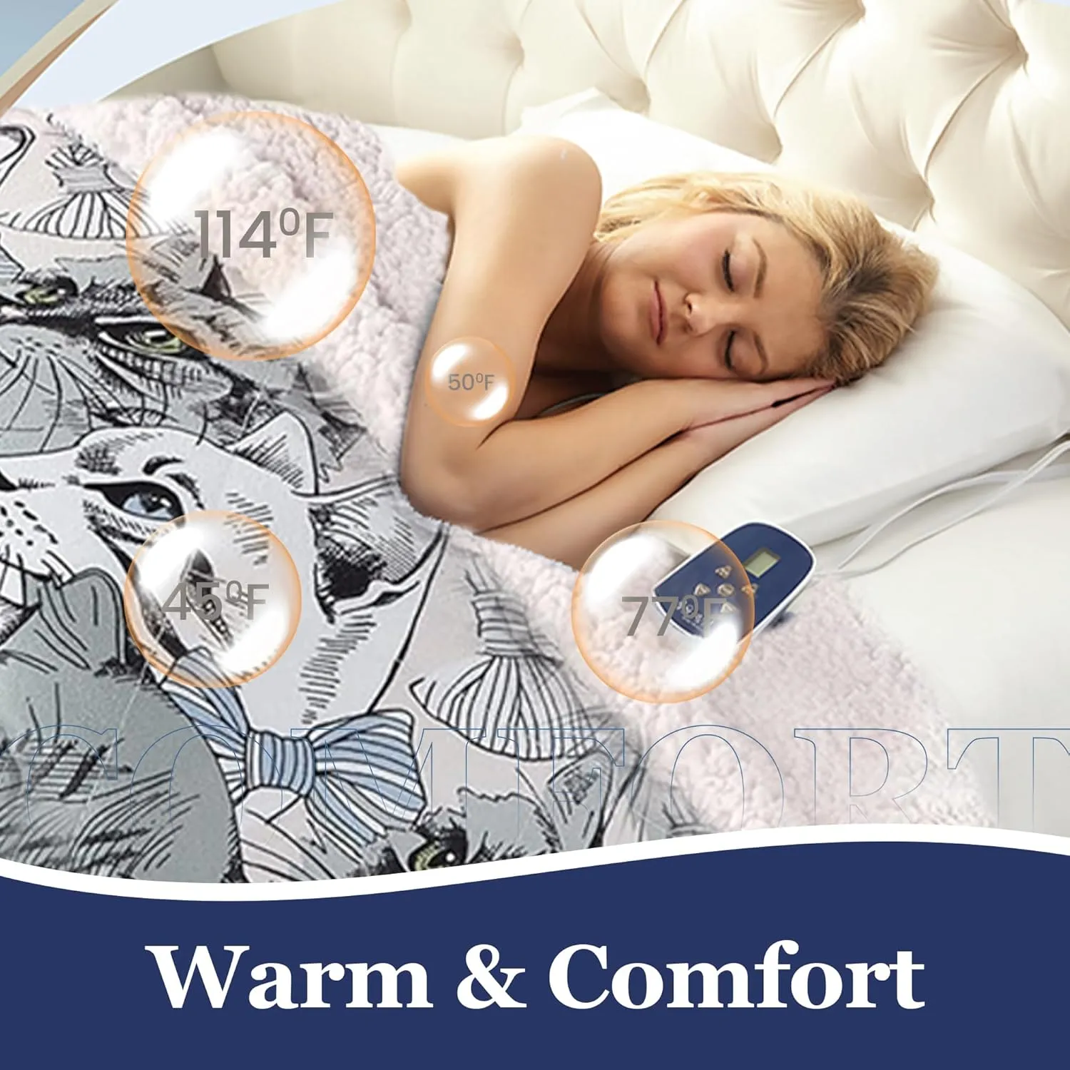 Thermee Micro Flannel Heated Blanket with Sherpa back, 10-Setting Electric Blanket Twin Size, Programmable Heating Blanket, Ultra-Soft Heated Throw Blanket, Fast Heating Thermal Blanket  Cat medley
