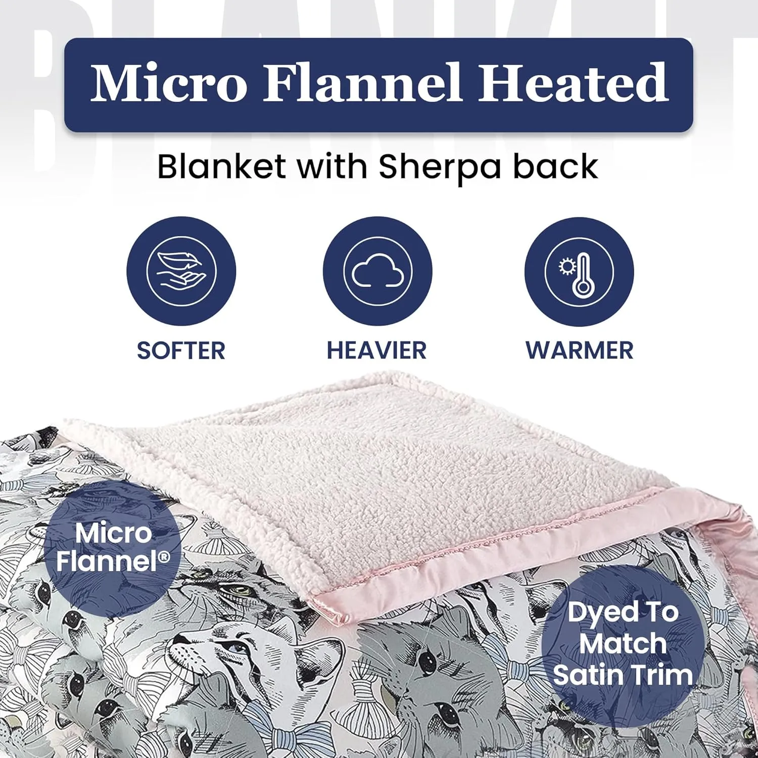 Thermee Micro Flannel Heated Blanket with Sherpa back, 10-Setting Electric Blanket Twin Size, Programmable Heating Blanket, Ultra-Soft Heated Throw Blanket, Fast Heating Thermal Blanket  Cat medley