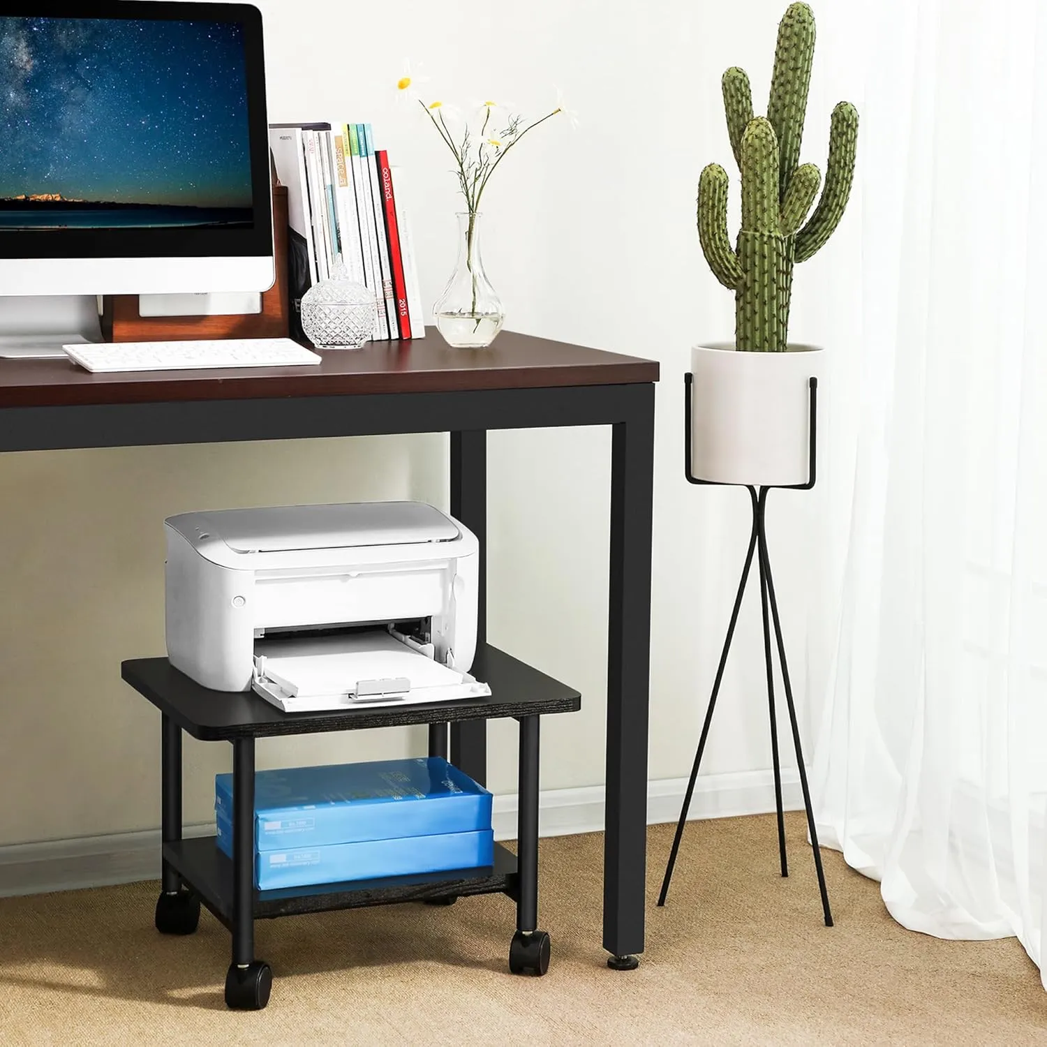 VASAGLE Printer Stand with Locking Wheels, 2-Tier Shelf, Industrial Under Desk Heavy-Duty Mobile Cart for Home Office, Ebony Black UOPS02B