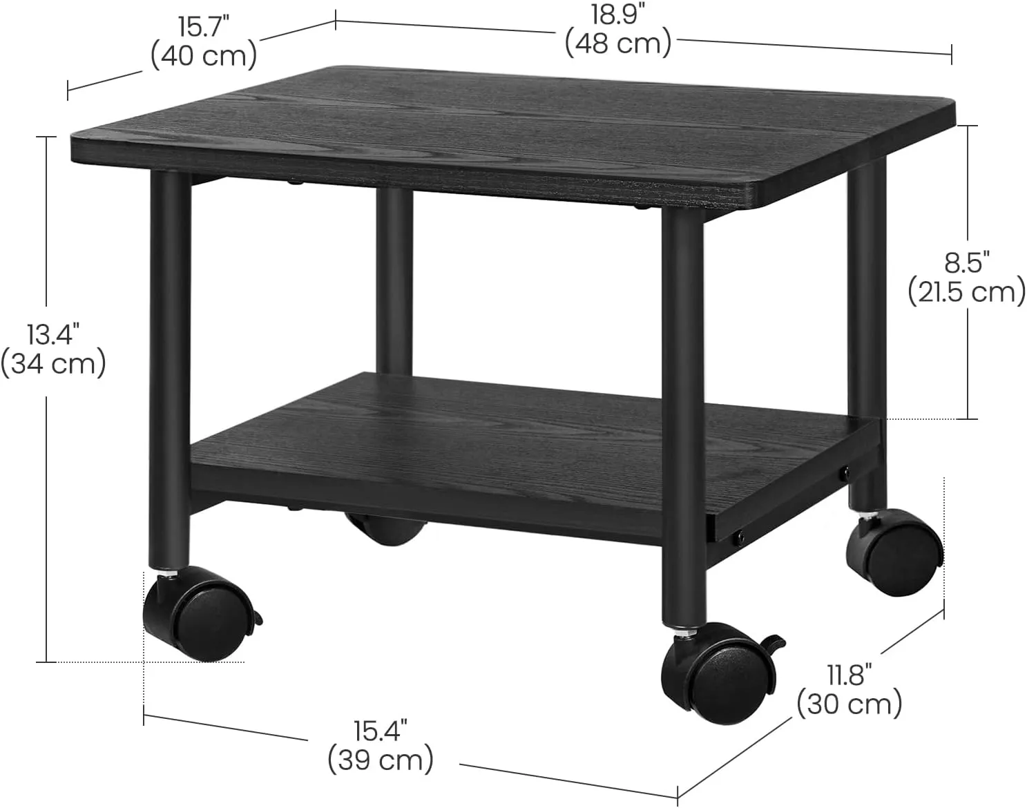 VASAGLE Printer Stand with Locking Wheels, 2-Tier Shelf, Industrial Under Desk Heavy-Duty Mobile Cart for Home Office, Ebony Black UOPS02B