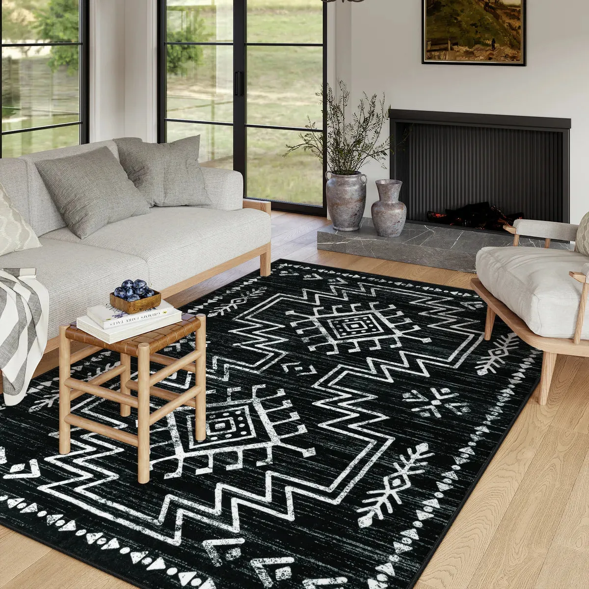 Vivienne Aztec Moroccan Distressed Black Area Rug