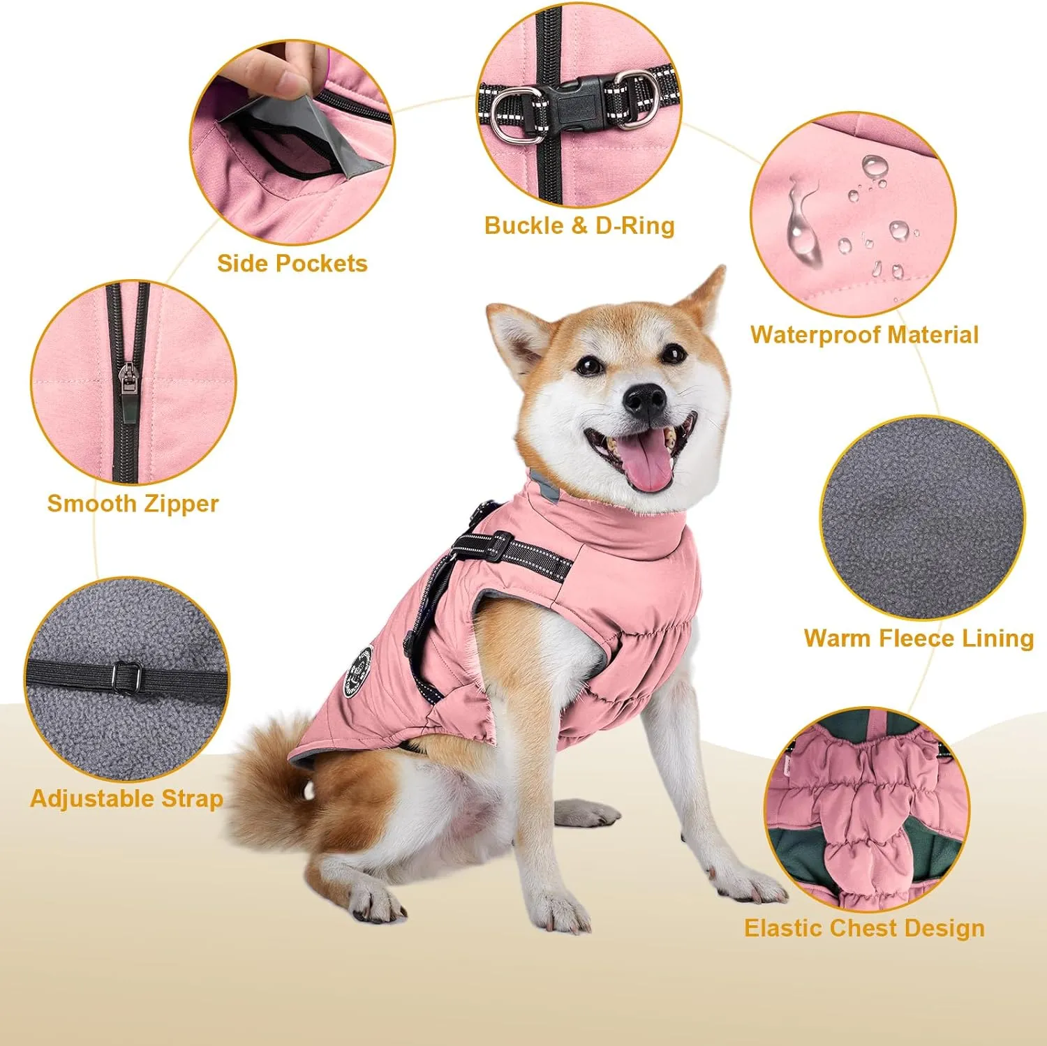 Warm Dog Jacket - Fleece Coat with Built-in Harness, Waterproof Vest, Reflective Stripes, Pink, Sizes XS-XL