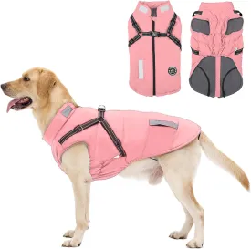 Warm Dog Jacket - Fleece Coat with Built-in Harness, Waterproof Vest, Reflective Stripes, Pink, Sizes XS-XL