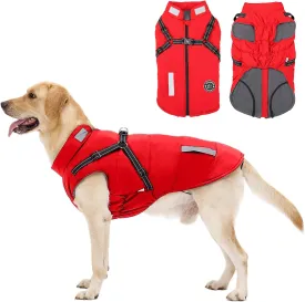 Warm Dog Jacket - Fleece Dog Coat with Built-in Harness, Waterproof Vest, Reflective Stripes, Small to Large Sizes, Red