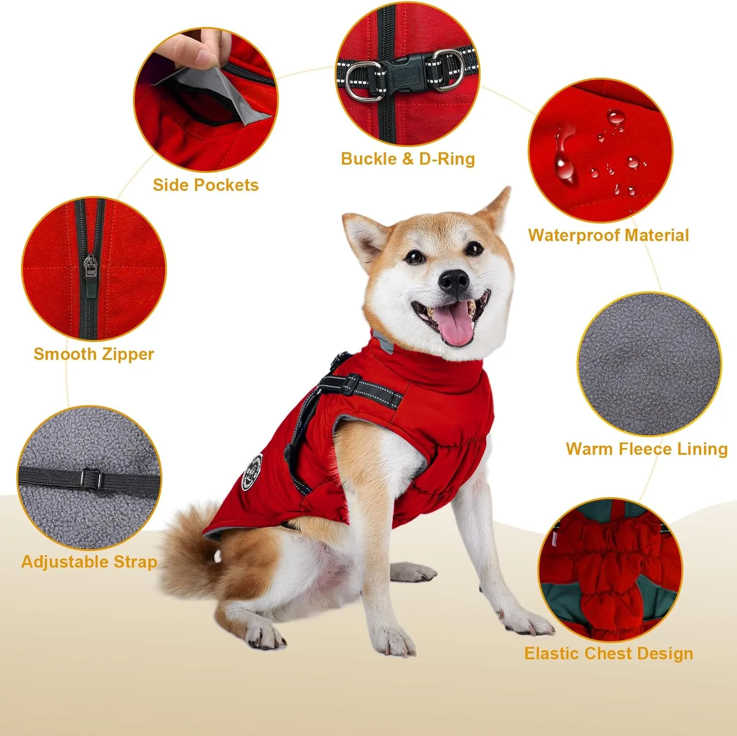 Warm Dog Jacket - Fleece Dog Coat with Built-in Harness, Waterproof Vest, Reflective Stripes, Small to Large Sizes, Red