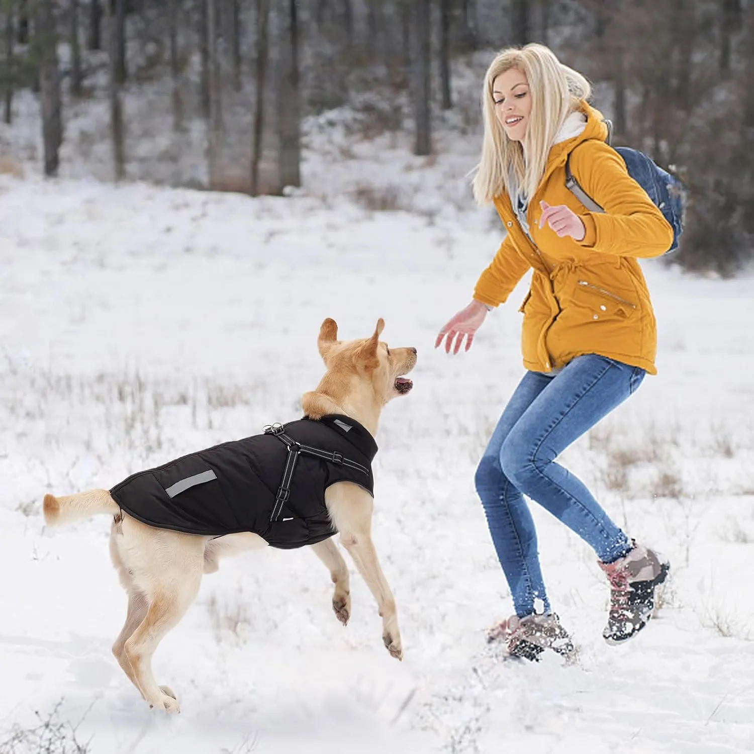Warm Dog Jacket - Fleece Dog Coat with Built-in Harness, Waterproof Vest, Reflective Stripes, Small to Large Sizes, Red
