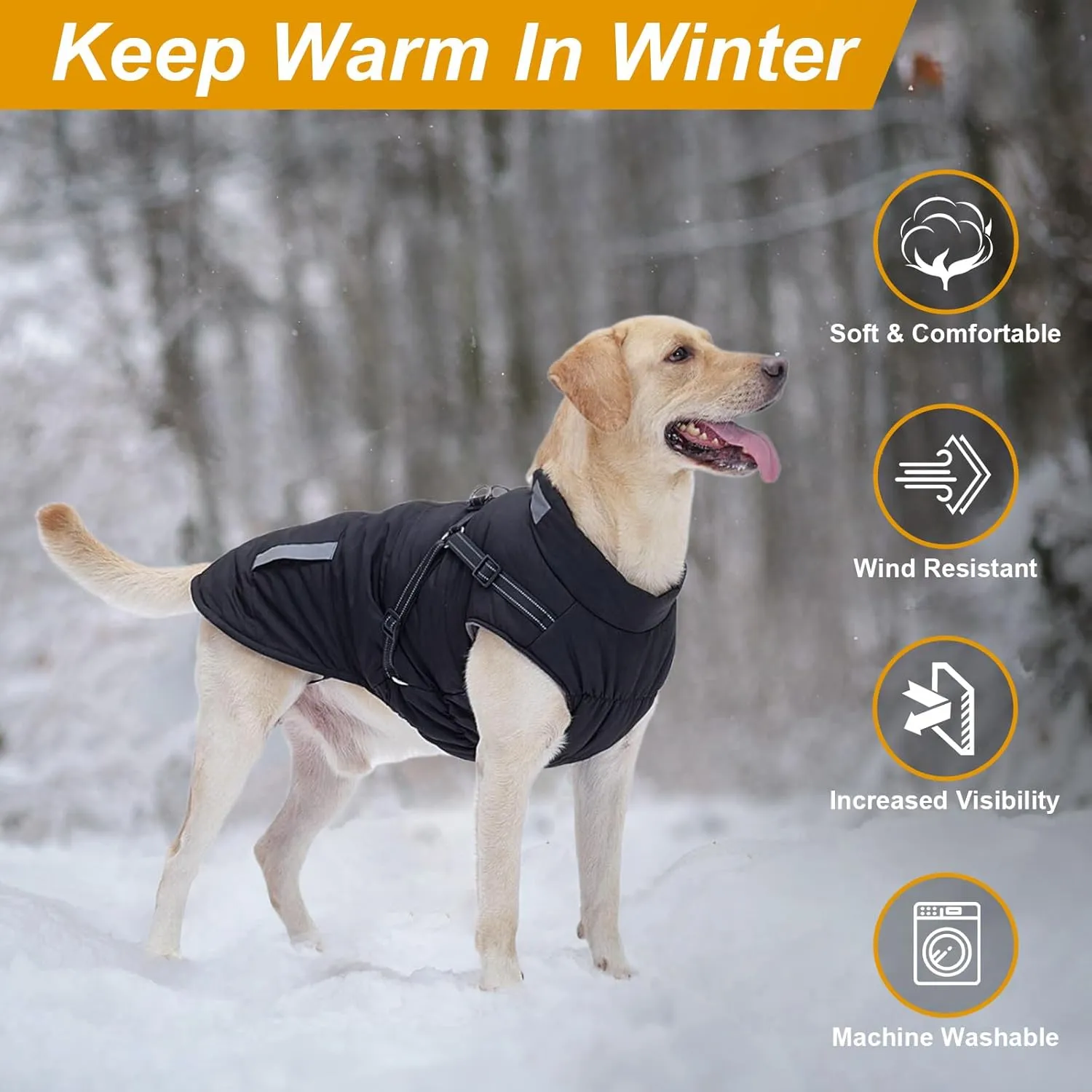 Warm Dog Jacket - Fleece Dog Coat with Built-in Harness, Waterproof Vest, Reflective Stripes, Small to Large Sizes, Red