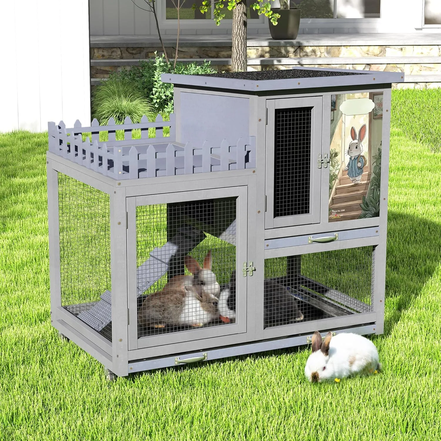 Wood Rabbit Hutch with Balcony - Small Animal House Bunny Cage on Wheels for Indoor Outdoor, Included Ramp, Pull Out Tray, Water Bottle, (Grey with Pattern)