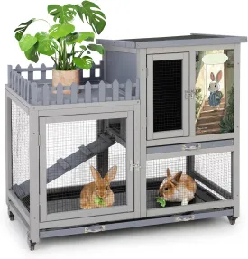 Wood Rabbit Hutch with Balcony - Small Animal House Bunny Cage on Wheels for Indoor Outdoor, Included Ramp, Pull Out Tray, Water Bottle, (Grey with Pattern)