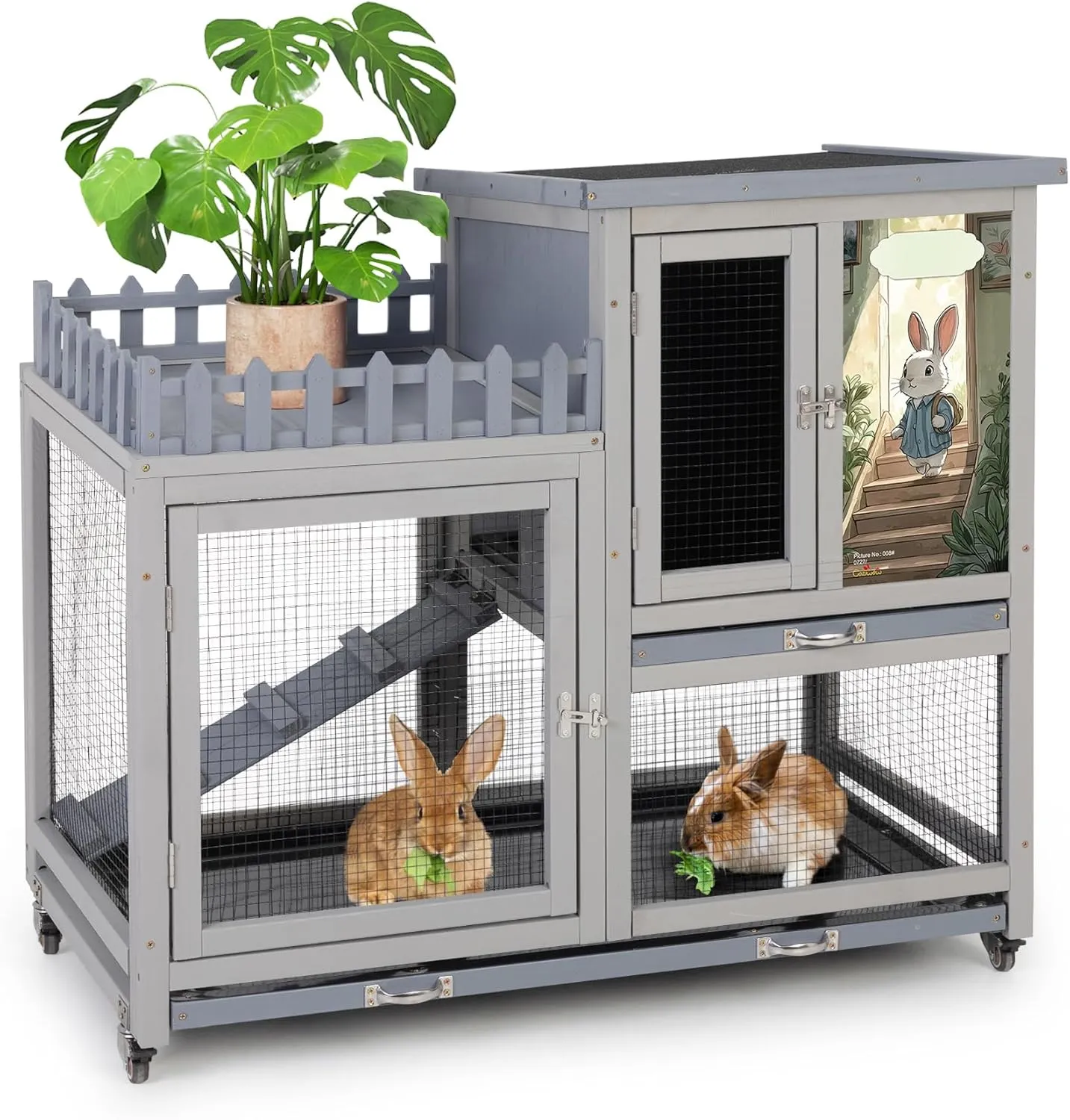 Wood Rabbit Hutch with Balcony - Small Animal House Bunny Cage on Wheels for Indoor Outdoor, Included Ramp, Pull Out Tray, Water Bottle, (Grey with Pattern)
