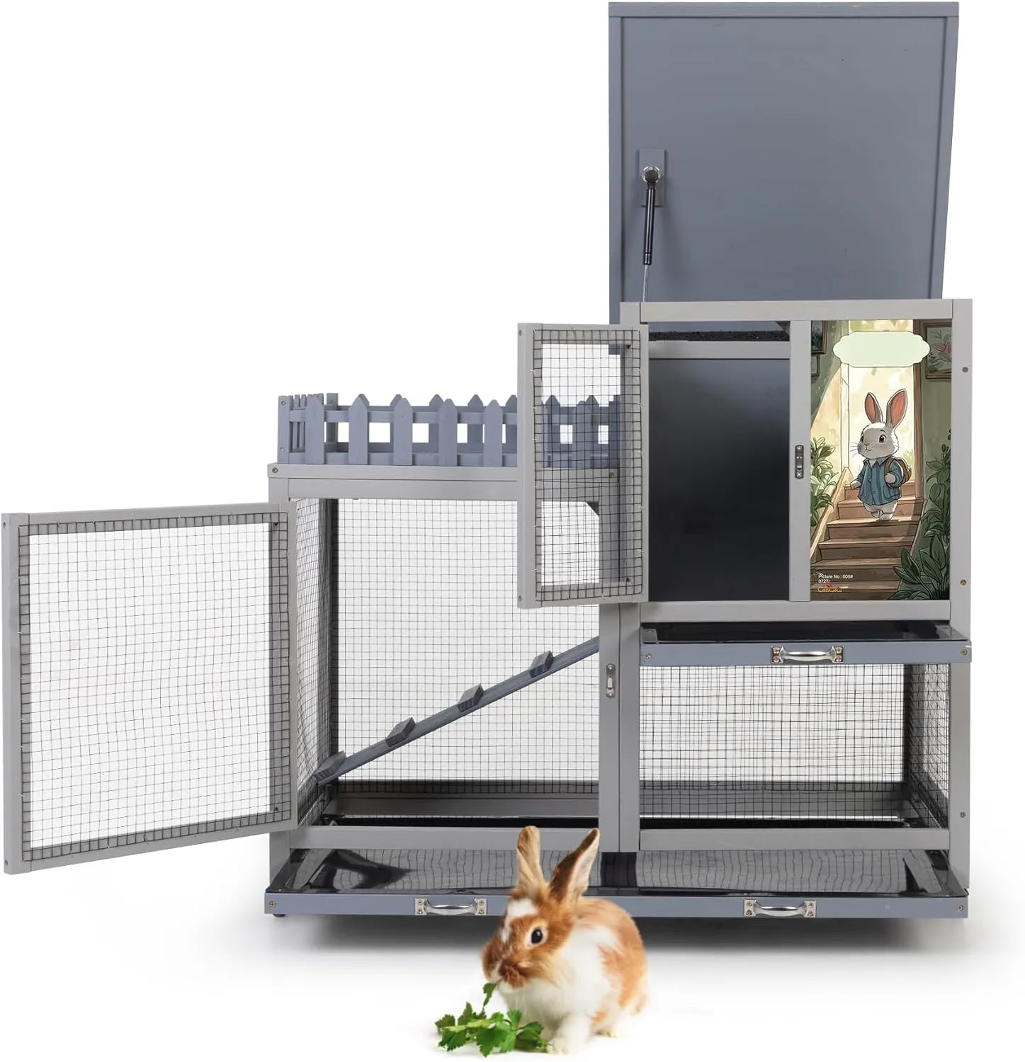 Wood Rabbit Hutch with Balcony - Small Animal House Bunny Cage on Wheels for Indoor Outdoor, Included Ramp, Pull Out Tray, Water Bottle, (Grey with Pattern)