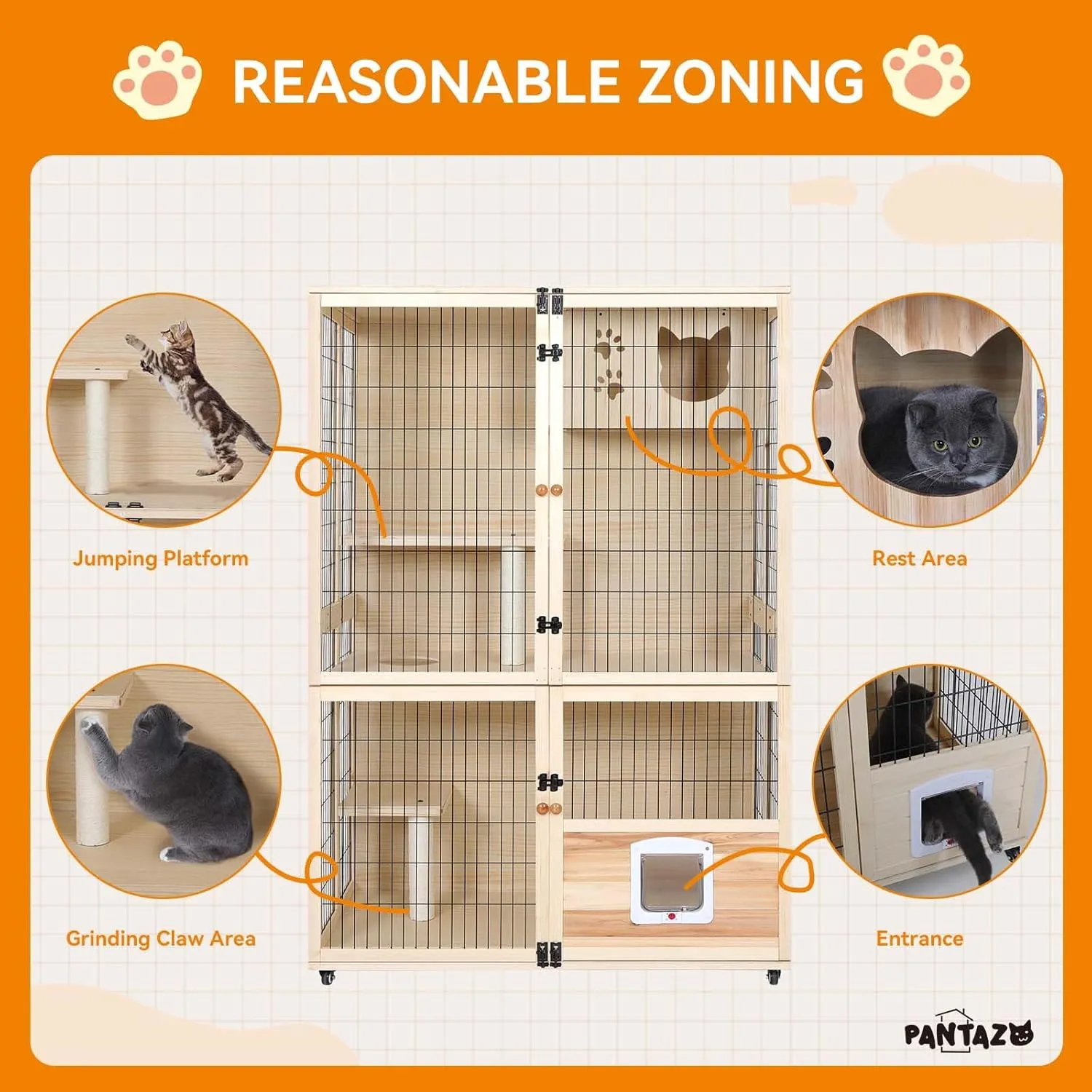 Wooden Cat House Large Space Cats Cage with Scratching Post and Lockable Wheels Double Layer with Escape Door Outdoor/Indoor (Extra Large)