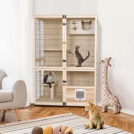 Wooden Cat House Large Space Cats Cage with Scratching Post and Lockable Wheels Double Layer with Escape Door Outdoor/Indoor (Extra Large)