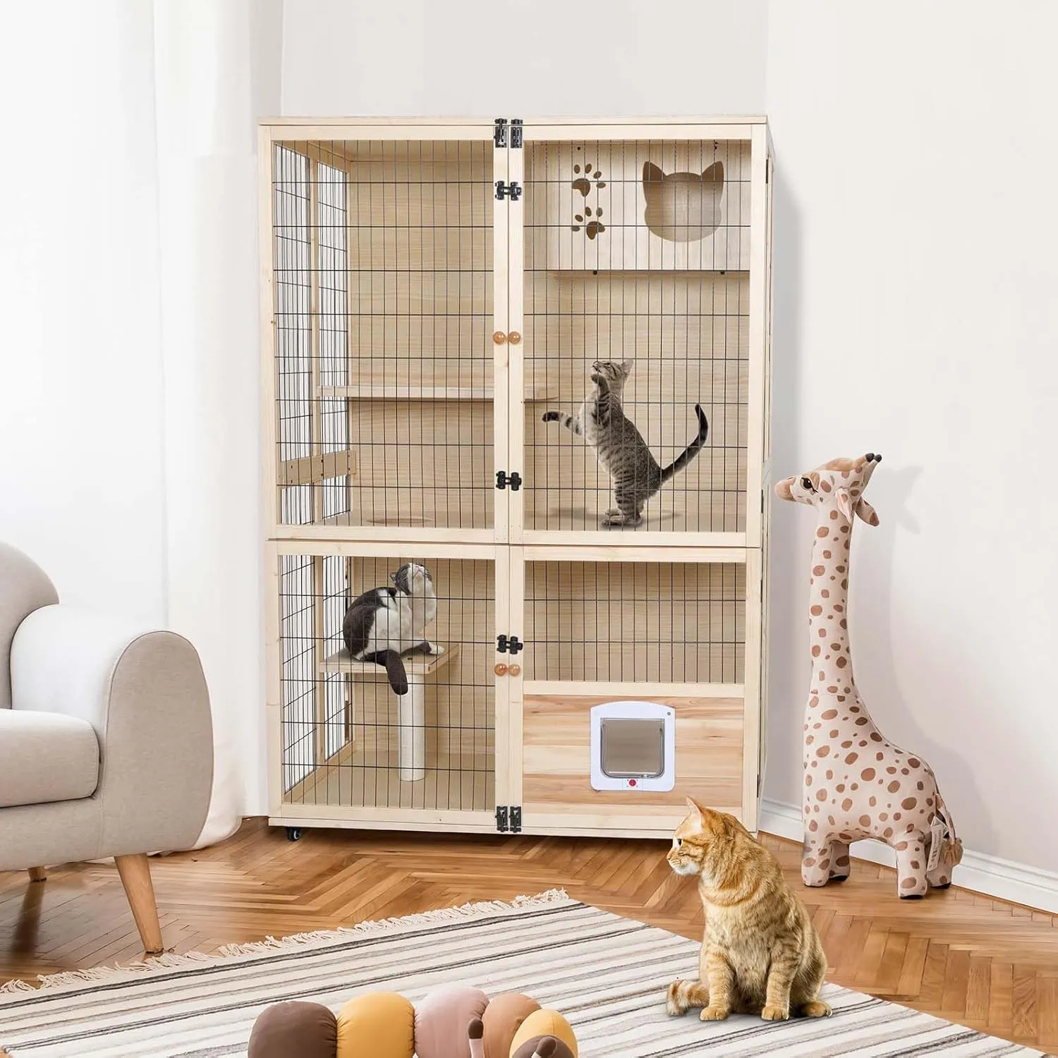 Wooden Cat House Large Space Cats Cage with Scratching Post and Lockable Wheels Double Layer with Escape Door Outdoor/Indoor (Extra Large)