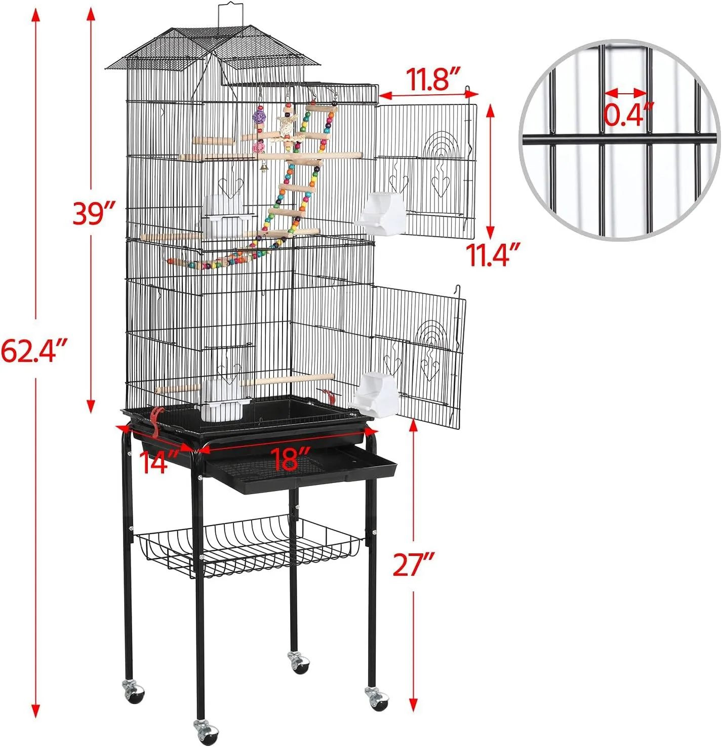 Yaheetech Bird Cage 64-inch Play Open Top Medium Small Parrot Parakeet Bird Cages with Detachable Rolling Stand for Parrot Lovebirds Finches Parakeets Budgie Parrotlet Conures, Pet Flight Birdcage