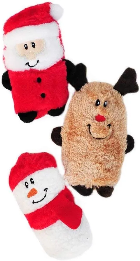ZippyPaws Christmas Squeakie Buddies - Bulk 3 Pack of Seasonal Stuffing-Free Squeaky Dog Toys, No Stuffing Holiday Puppy Toys, Dog Stuff for Small & Medium Dogs - Santa Claus, Reindeer, & Snowman